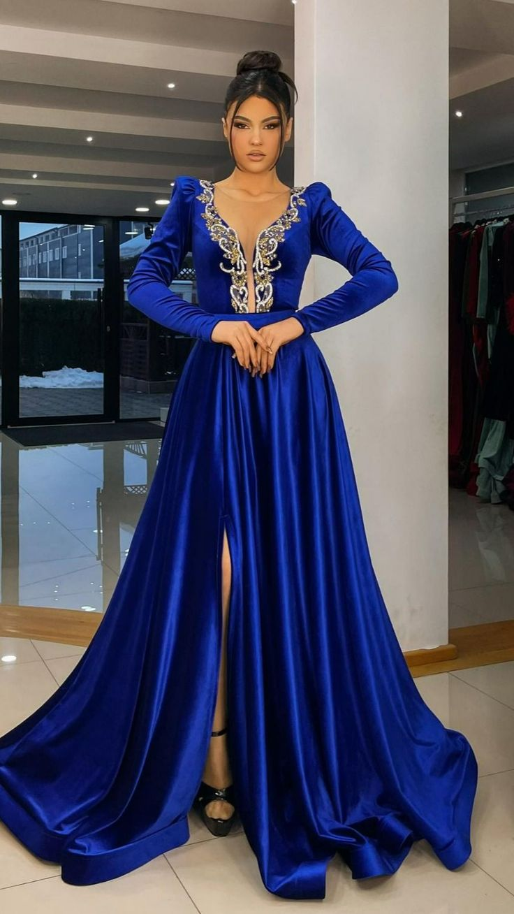 Eightale Royal Blue Prom Dresses for Wedding Sparkly Long Sleeves Evening  Gowns Beaded Plus Size Arabic Celebrity Party Dress